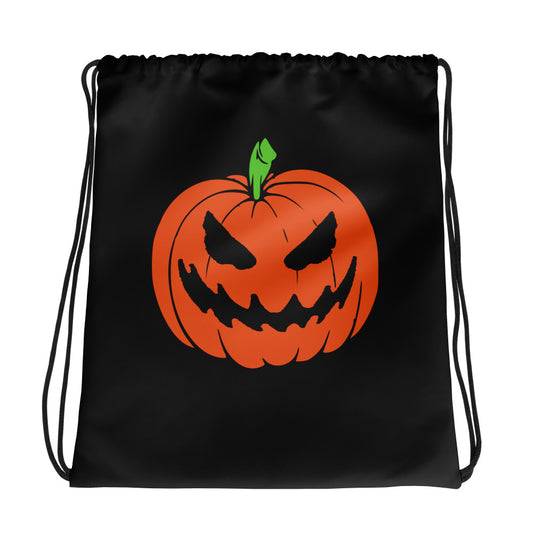 Jack-O'-Lantern graphic on black unisex drawstring cinch bag, front view