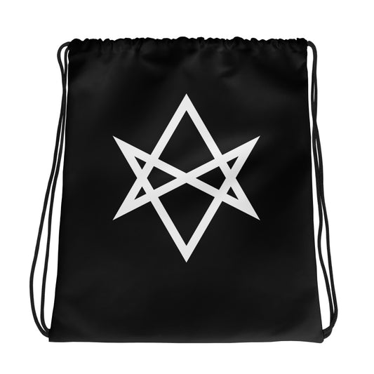 Unicursal Hexagram graphic on black unisex drawstring cinch bag, front view