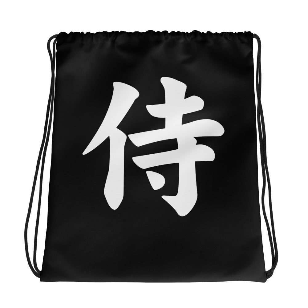 Samurai Kanji 侍 graphic on black unisex drawstring cinch bag, front view