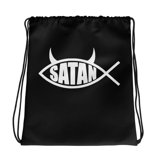 White Satan Fish graphic on black unisex drawstring cinch bag, front view