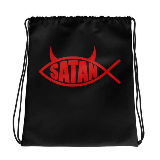 Red Satan Fish graphic on black unisex drawstring cinch bag, front view