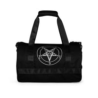 Black unisex duffle gym bag, back view