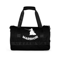 Black unisex duffle gym bag, back view