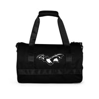 Black unisex duffle gym bag, back view