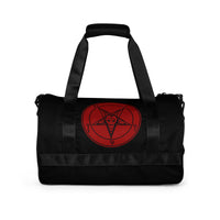 Black unisex duffle gym bag, back view