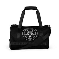 Hail Satan Sigil of Baphomet artwork on black unisex duffle gym bag, front view