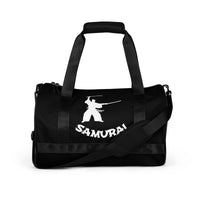 Samurai Kanji 侍 artwork on black unisex duffle gym bag, front view