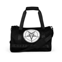 Baphomet Lucifer & Leviathan Symbols artwork on black unisex duffle gym bag, front view