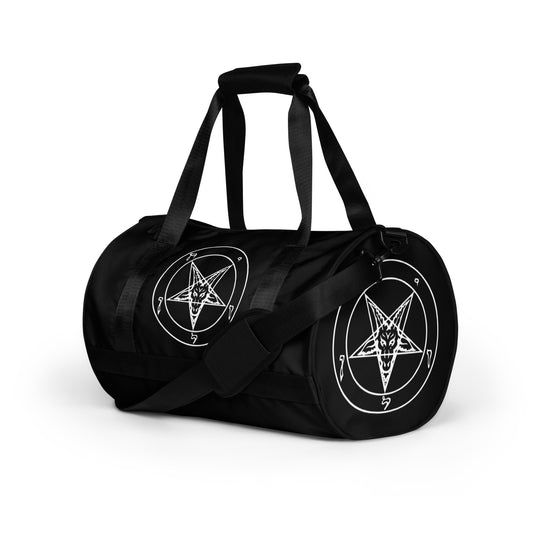 Hail Satan Sigil of Baphomet artwork on black unisex duffle gym bag, left-front view