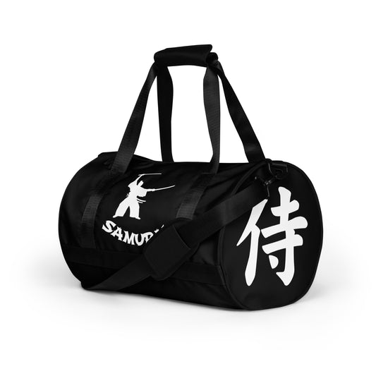 Samurai Kanji 侍 artwork on black unisex duffle gym bag, left-front view