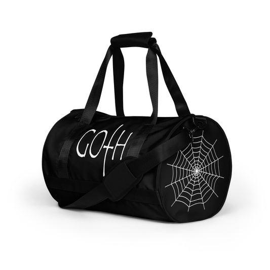 Goth Halloween Bat Pumpkin & Spider Web artwork on black unisex duffle gym bag, left-front view