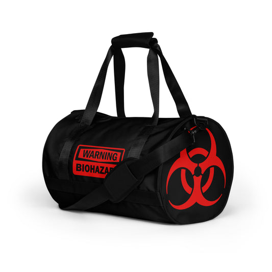 Biohazard Warning artwork on black unisex duffle gym bag, left-front view