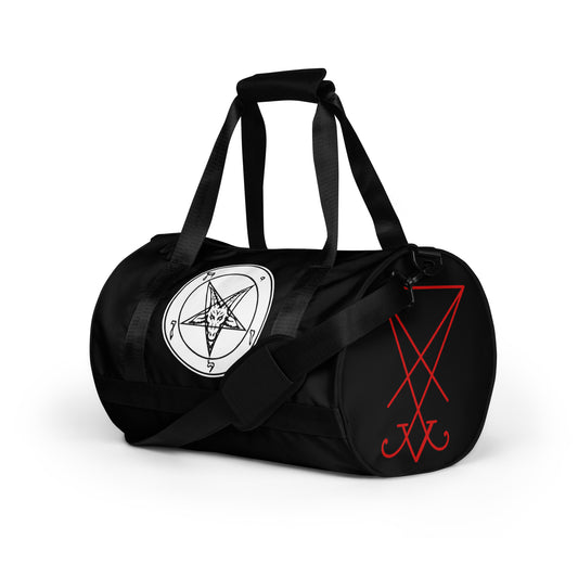 Baphomet Lucifer & Leviathan Symbols artwork on black unisex duffle gym bag, left-front view