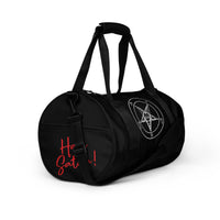 Hail Satan Sigil of Baphomet artwork on black unisex duffle gym bag, right-front view