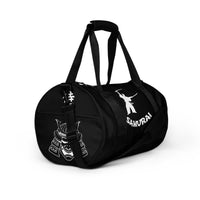 Samurai Kanji 侍 artwork on black unisex duffle gym bag, right-front view