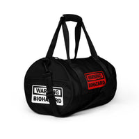 Biohazard Warning artwork on black unisex duffle gym bag, right-front view