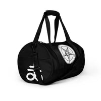 Baphomet Lucifer & Leviathan Symbols artwork on black unisex duffle gym bag, right-front view