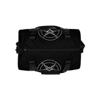Black unisex duffle gym bag, top view