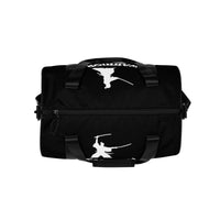 Black unisex duffle gym bag, top view