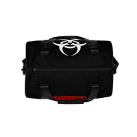 Black unisex duffle gym bag, top view