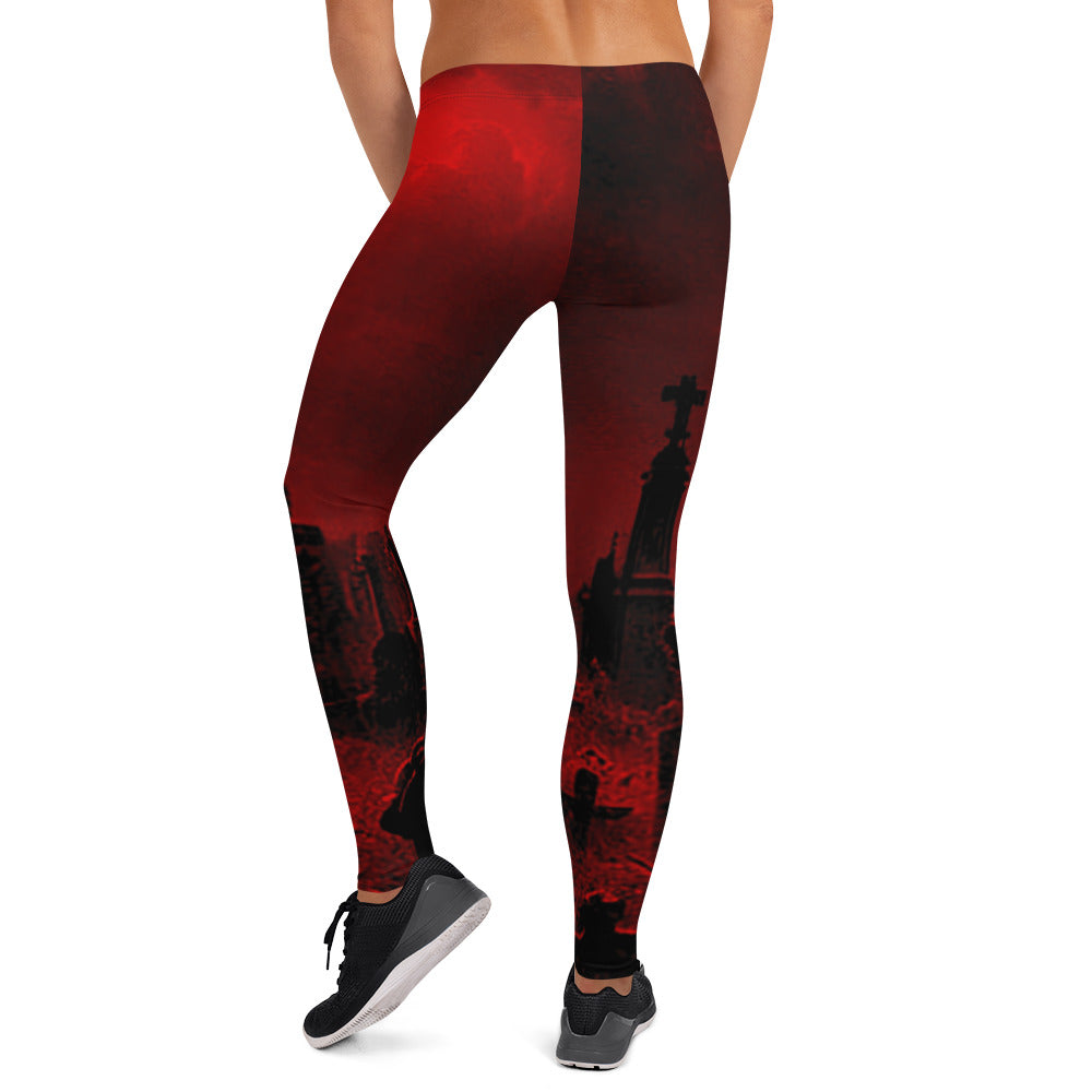 Red Haunted Cemetery pattern on women's leggings, back view