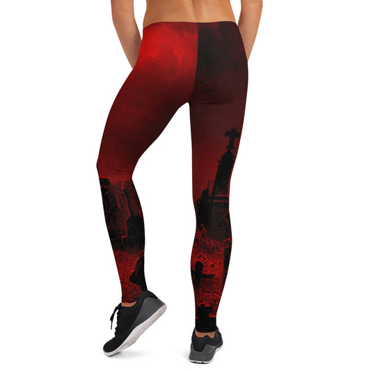 Red Haunted Cemetery pattern on women's leggings, back view
