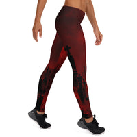 Red Haunted Cemetery pattern on women's leggings, right-side view