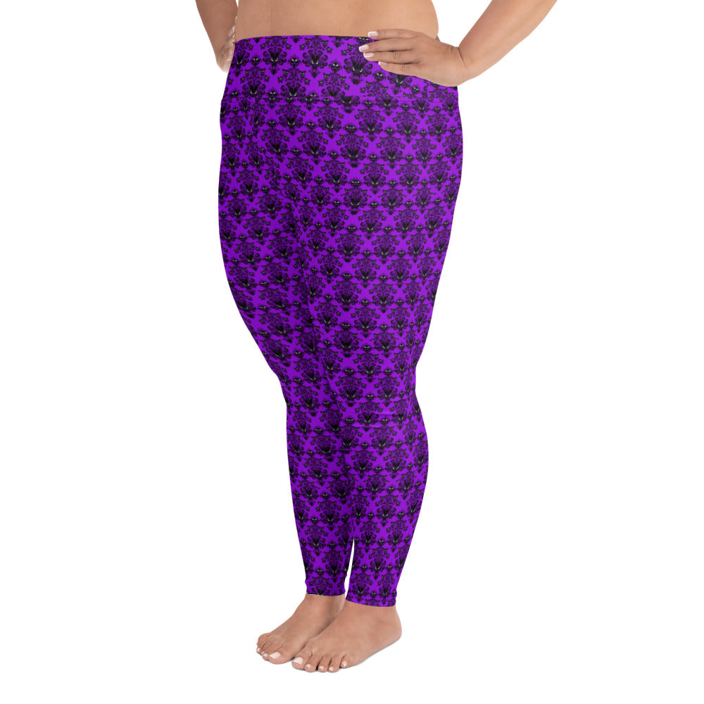Plus Size Purple Gothic Haunted Mansion Style All-Over Print Leggings Halloween Pattern - Edge of Life Designs