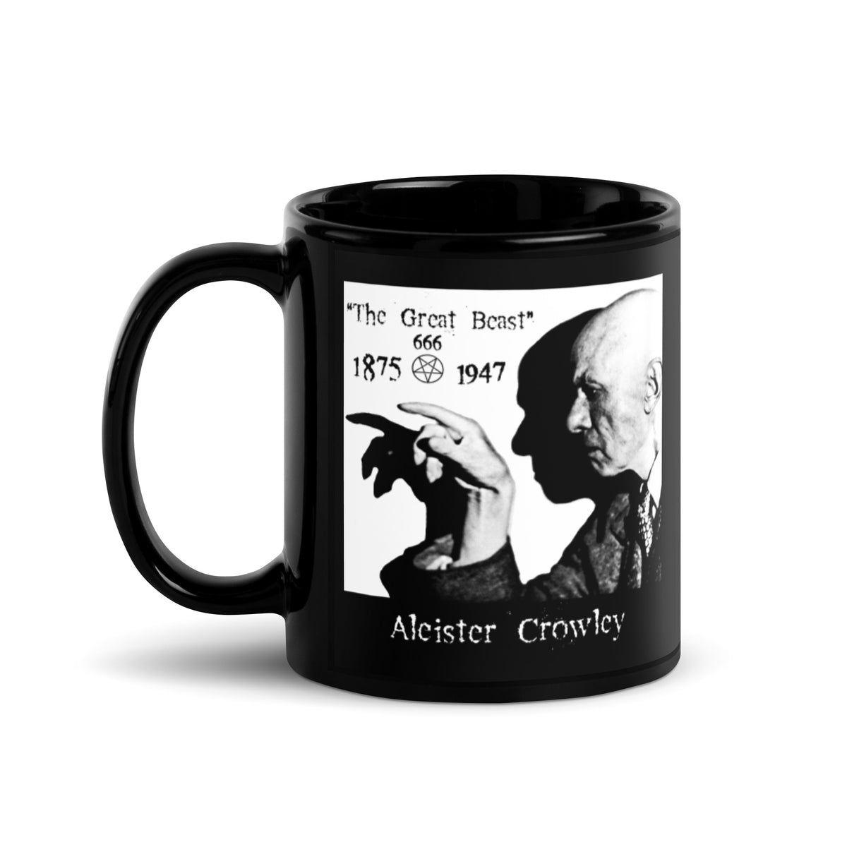 Aleister Crowley Great Beast 666 artwork on black glossy coffee mug, 11 oz, handle on left