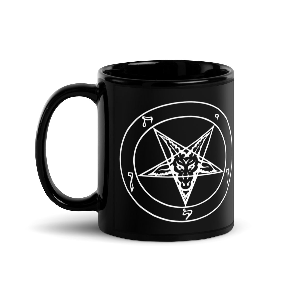 Sigil of Baphomet artwork on black glossy coffee mug, 11 oz, handle on left