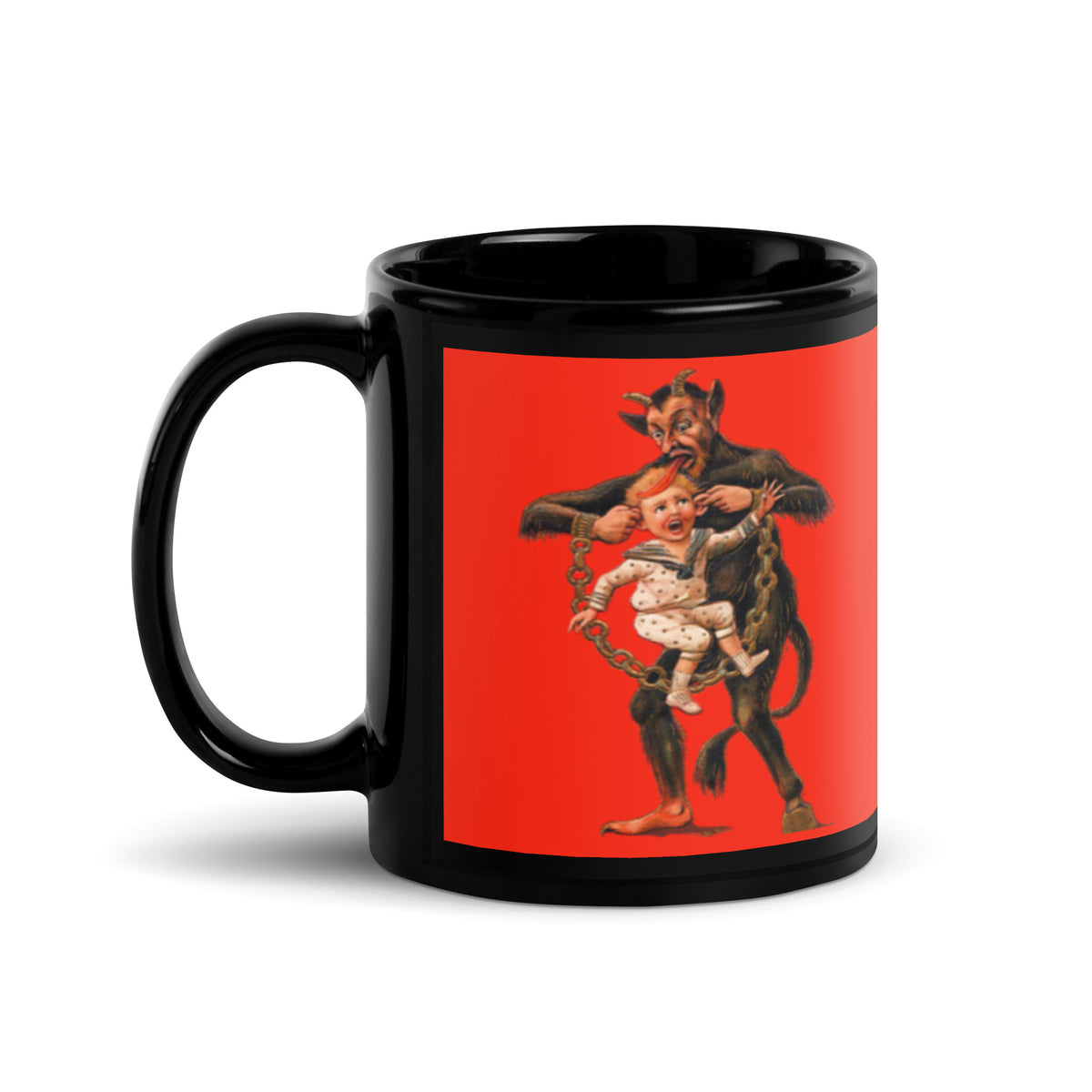 Gruss Vom Krampus artwork on black glossy coffee mug, 11 oz, handle on left