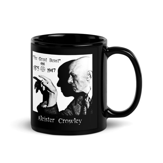 Aleister Crowley Great Beast 666 artwork on black glossy coffee mug, 11 oz, handle on right