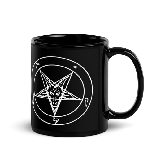 Sigil of Baphomet artwork on black glossy coffee mug, 11 oz, handle on right