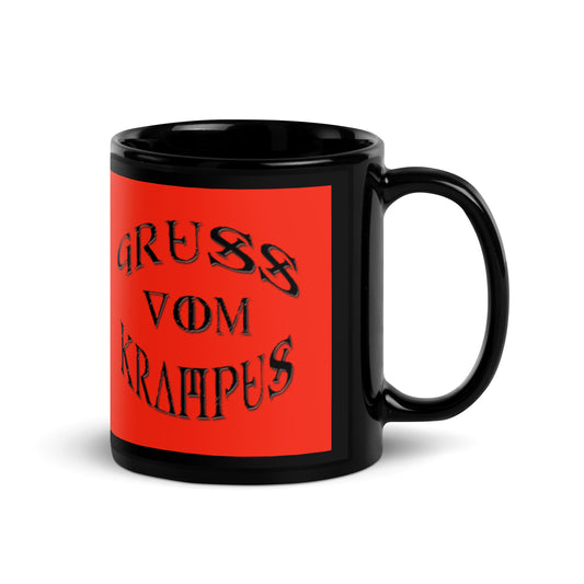 Gruss Vom Krampus artwork on black glossy coffee mug, 11 oz, handle on right