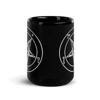 Sigil of Baphomet artwork on black glossy coffee mug, 15 oz, front view
