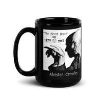 Aleister Crowley Great Beast 666 artwork on black glossy coffee mug, 15 oz, handle on left