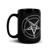 Sigil of Baphomet artwork on black glossy coffee mug, 15 oz, handle on left