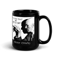 Aleister Crowley Great Beast 666 artwork on black glossy coffee mug, 15 oz, handle on right