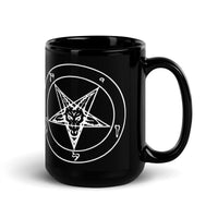 Sigil of Baphomet artwork on black glossy coffee mug, 15 oz, handle on right