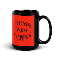 Gruss Vom Krampus artwork on black glossy coffee mug, 15 oz, handle on right