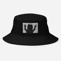 Black bucket hat with "They're Here" Carol Anne Poltergeist embroidered artwork, front view