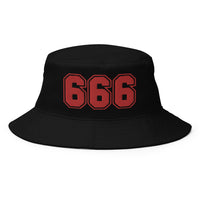 Black bucket hat with Red 666 The Number of the Beast Evil embroidered artwork, front view