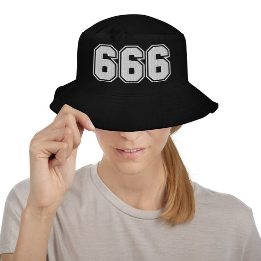 Black bucket hat with White 666 The Number of the Beast Evil embroidered artwork, front view