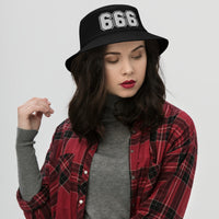 Black bucket hat with White 666 The Number of the Beast Evil embroidered artwork, front view