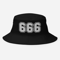 Black bucket hat with White 666 The Number of the Beast Evil embroidered artwork, front view