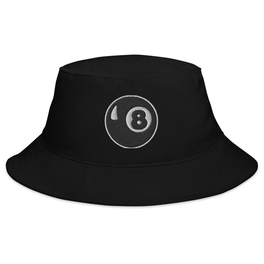 Black bucket hat with 8 Ball Pool Billiards embroidered artwork, front view