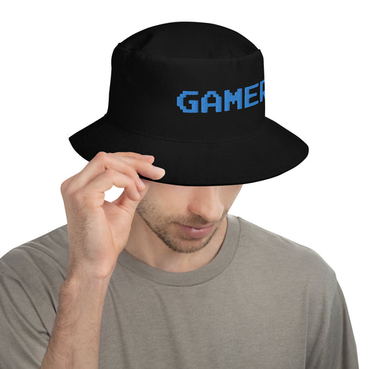 Black bucket hat with 8 Bit Gamer embroidered artwork, front view