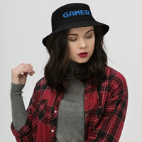 Black bucket hat with 8 Bit Gamer embroidered artwork, front view