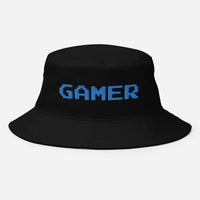 Black bucket hat with 8 Bit Gamer embroidered artwork, front view