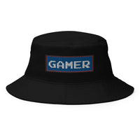 Black bucket hat with 80's Retro Style 8 Bit Gamer embroidered artwork, front view